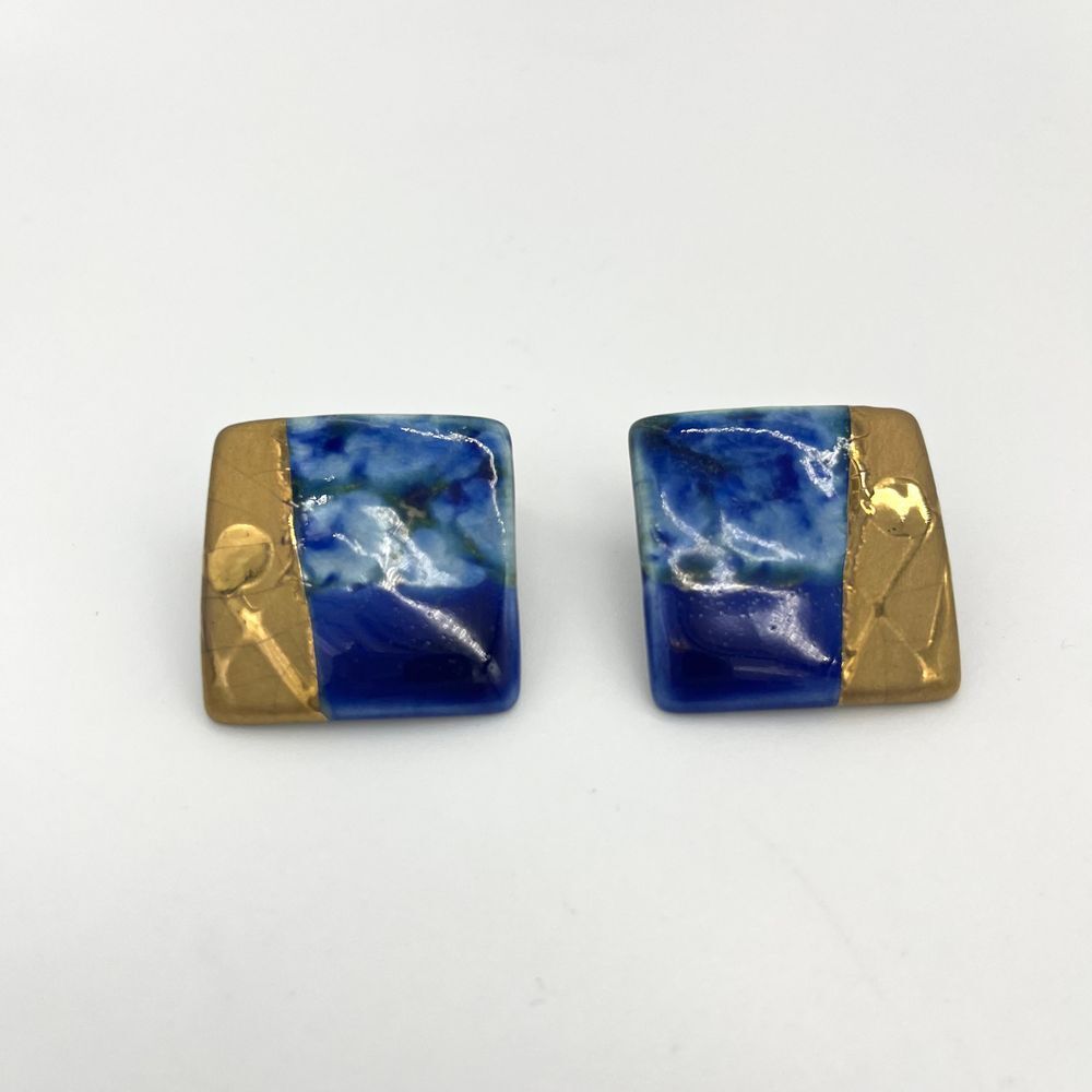 Enamel Square Art Deco Stud Earrings Blue Gold Marbled Statement‎ Jewelry